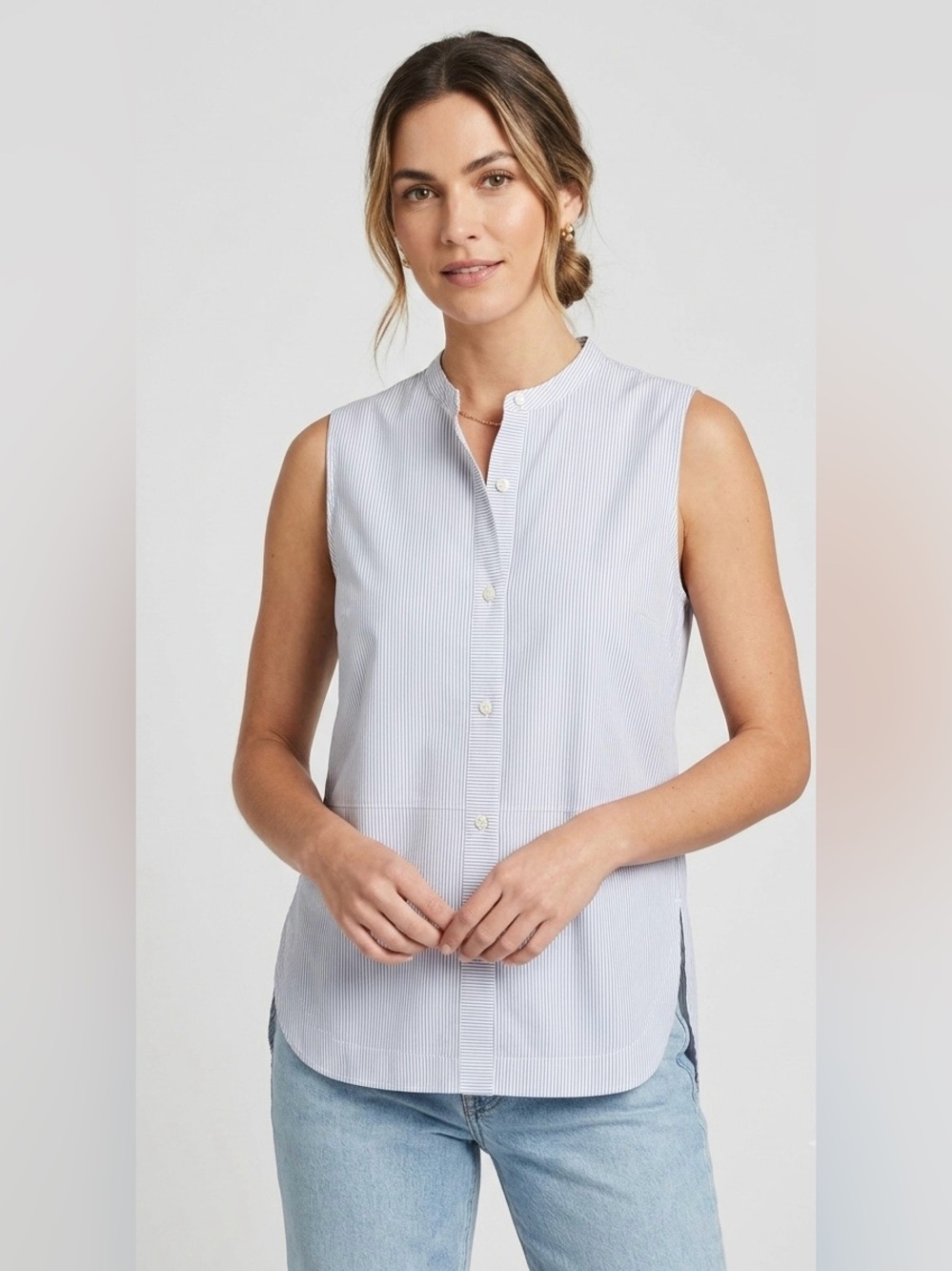 Vince Blue and White Pinstripe Sleeveless Button-Down Top